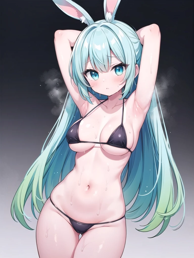 1girl, masterpiece, best quality, perfect hands, black rabbit ears, long rabbit ears, cyan hair, very long hair, hair spread out, shiny hair, cyan eyes, shiny skin, armpit, (slim, slender:1.2), (micro bikini:1.2), profuse sweating, wet body, bare legs, large breasts, bottomless