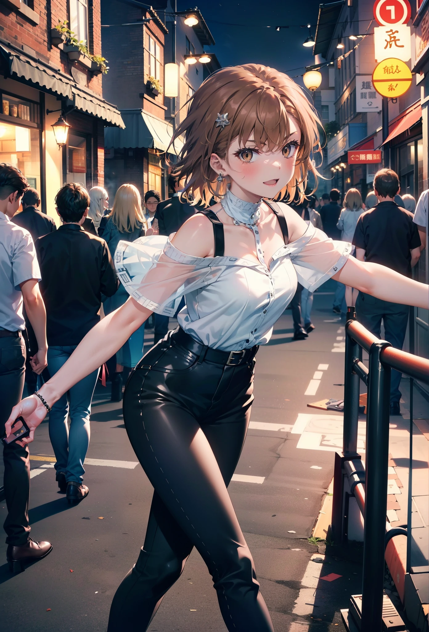 8k,highest quality,masterpiece,(((Pixel Perfect, 細部まin完璧))), 一people々in, ***1people々, Mycotrose, Brown eyes,Brown Hair,short hair,blush,Cold shoulder tops,Short sleeve,skinny pants,Stiletto heels,happy smile, smile, Open your mouth,whole bodyがイラストに入るように,Walking,night,Looking up from below,
break outdoors, Residential Street,crowd, people々々々々々,
break looking at viewer, whole body, 
break (masterpiece:1.2), highest quality, High resolution, unity 8k wallpaper, (shape:0.8), (Beautiful details:1.6), Highly detailed face, Perfect lighting, Highly detailed CG, (Perfect hands, Perfect Anatomy),