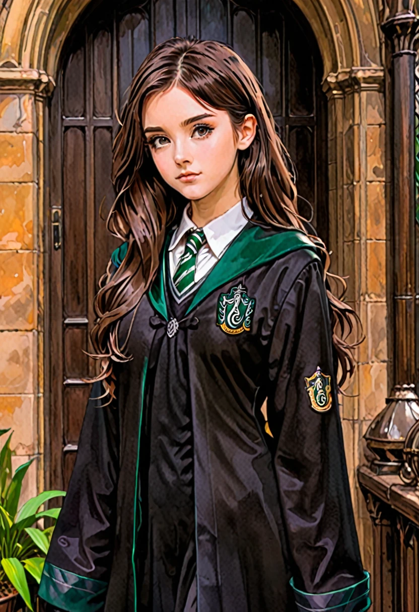 Anime-Kunst, Anime Coloring, a girl in a Slytherin uniform with black robe, Hogwarts, kleiner Winkel, Gedeckte Farben, dark palette, hazy twilight,Braune Augen , braune Haare (Wegschauen, weit schauen:1.3)