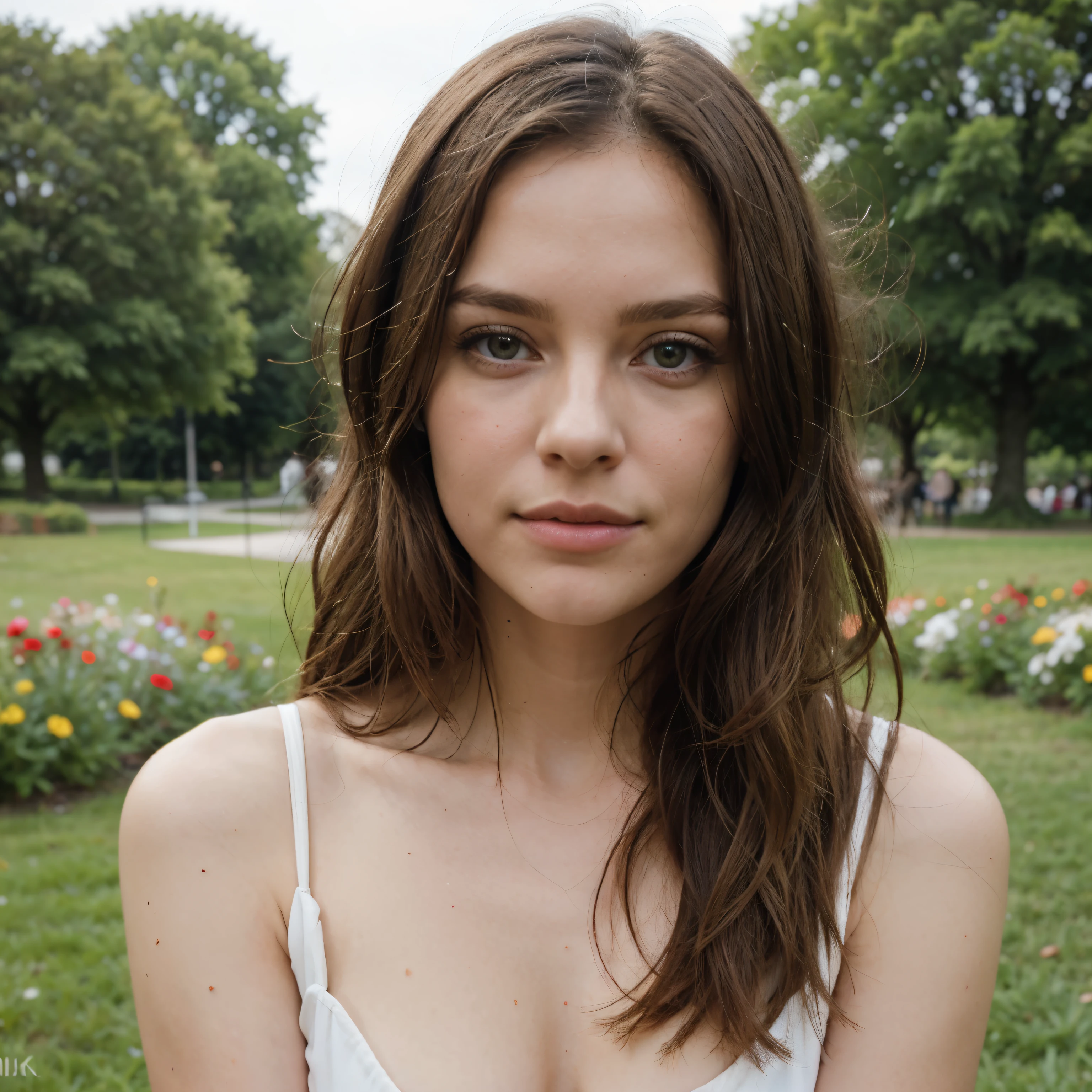 ((Best quality)), ((Meisterwerk)), perfektes Gesicht, amerikanisch , Blonde Haare, 26 Jahre alt, Modell, Nice, attraktives und erstaunliches Aussehen, Extremely beautiful, in a park, a lot of flowers and roses in the park
