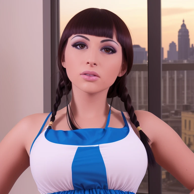 (day:1.7), a city with a lot of buildings and a sky background with clouds in the background and a blue sky, architecture,
Standing at attention, at the roof,
deep cleavage, collarbone, White apron,bare shoulders, 
black Hair,  brown eyes, Bangs, single braid, 
1 girl, 20yo,Young female,Beautiful Finger,Beautiful long legs,Beautiful body,Beautiful Nose,Beautiful character design, perfect eyes, perfect face,expressive eyes,
looking at viewer, in the center of the image,(Upper_body),(close-Up),(Focus on her face),
official art,extremely detailed CG unity 8k wallpaper, perfect lighting,Colorful, Bright_Front_face_Lighting,shiny skin, 
(masterpiece:1.0),(best_quality:1.0), ultra high res,4K,ultra-detailed,
photography, 8K, HDR, highres, absurdres:1.2, Kodak portra 400, film grain, blurry background, bokeh:1.2, lens flare, (vibrant_color:1.2)
(Beautiful,large_Breasts:1.4), (beautiful_face:1.5),(narrow_waist),