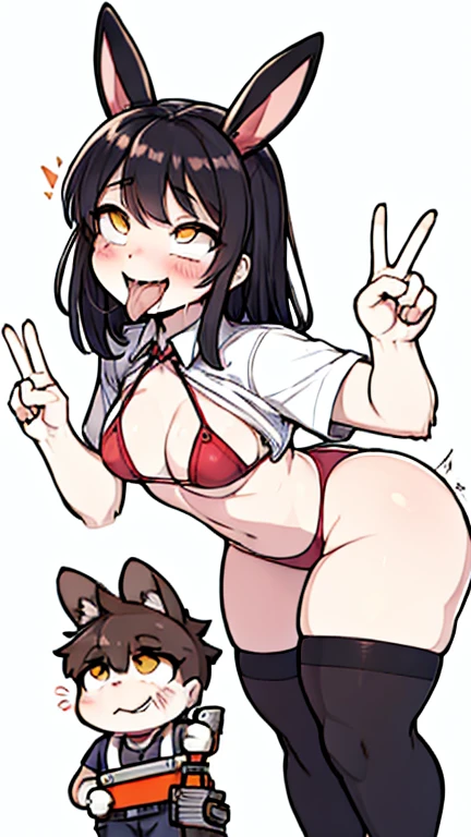 Medium black hair, yellow eyes, scar acros the face, adorable smile, cute smile, bikini bottom, shirt, white shirt, small , big butt, big ass, wide hips, big thighs, thigh highs, looking up at viewer,front view, lusty smile, shy, blush, blushing, yoru, chainsaw man girl, ahegao, open mouth, tongue, sticking out tongue, rolling eyes, drool, peace sign, bunny ears, bunny girl, bunny tail, curupted mind, happy,
