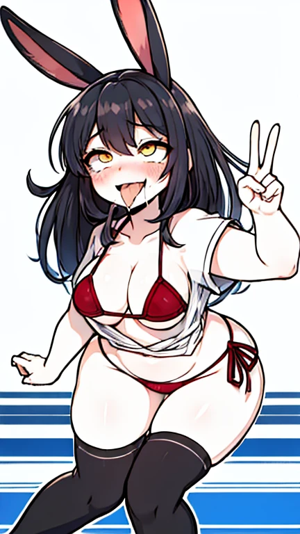 Medium black hair, yellow eyes, scar acros the face, adorable smile, cute smile, bikini bottom, shirt, white shirt, small , big butt, big ass, wide hips, big thighs, thigh highs, looking up at viewer,front view, lusty smile, shy, blush, blushing, yoru, chainsaw man girl, ahegao, open mouth, tongue, sticking out tongue, rolling eyes, drool, peace sign, bunny ears, bunny girl, bunny tail, curupted mind, happy, 