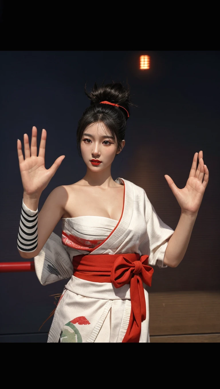 a beautiful young korean idol woman, 1girl, extremely detailed eyes, long eyelashes, beautiful detailed lips, flawless skin, elegant expression, intricate jewelry, detailed clothing,   cleavage, small breasts, (best quality,4K,8K,highres,masterpiece:1.2),ultra-detailed,(realistic,photorealistic,photo-realistic:1.37),studio lighting,HDR,vivid colors,professional photography