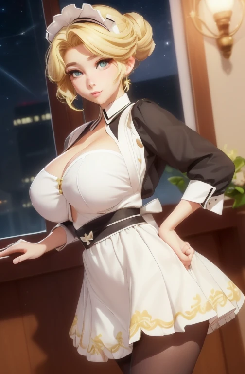 (night:1.7), Japan, Tokyo, city View, Before Window,
stand at attention,
肩上披着一件白色和的skirt,
(Black_Pantyhose), maid_apron, maid_Headdress, maid_long_skirt, Gloves, 
Blonde Hair, short hair, Hair Bun, 
1 girl, 24 years old,Become a,beautiful Finger,beautiful long legs,beautiful body,beautiful Nose,beautiful character design, Perfect eyes, perfect Face,
looking at the audience, In the center of the image,
National Foundation,Official Art,Extremely detailed CG unity 8k wallpaper, Perfect lighting,rich and colorful, bright_front_Face_light,
(masterpiece:1.0),(the best_quality:1.0), Ultra-high resolution,4k,Extremely detailed,
photography, 8K, HDR, High resolution, absurd:1.2, Kodak Portrait 400, Film Grain, Blurred background, Bokeh:1.2, lens flare, (energetic_color:1.2)
(beautiful,Large target_breast:1.4) (((丰满的breast,)))(((大breast))) Expose((Cleavage)),, (beautiful_Face:1.5),(narrow_waist),