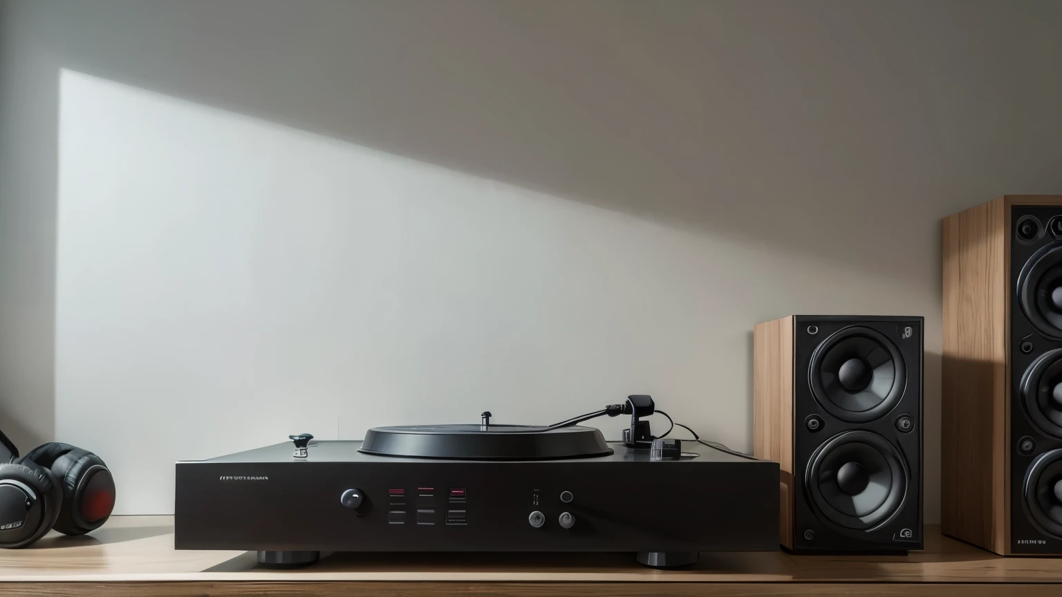At the back of a room a music mixing turntable, wireless headphones, essence of music, detalle moderno, ambiente tranquilo, 8k, calidad excepcional, bocinas en la pared