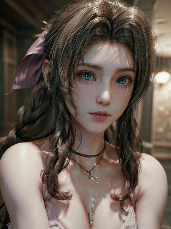 (masterpiece, 最high quality:1.4), (Future Day), (One girl), alone, (European youth:1), Aerith Gainsborough, choker, Cropped jacket, Hair Ribbon, bracelet, Pink Dress, Brown boots, Long Hair, Hair Ribbon, strapless red dress, high heels hyperRealistic, Skin with attention to detail, Digital SLR, Soft lighting, high quality, Highly detailed face, Highly detailed skin, Skin pores, Scattered beneath the surface, Realistic pupils, Mid-chest, Blush all over face, Fuller lips, Detailed Background, Depth of written boundary, Volumetric lighting, Sharp focus, Absurd, Realistic proportions, Excellent anatomy, (Realistic, hyperRealistic:1.4), 16K HDR,