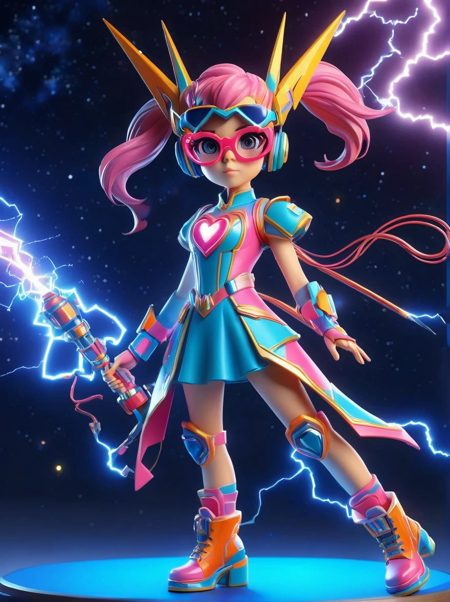 1girl, solo, Lightning energy，Electricity elements，Double ponytail，Love tiara，Wearing heart eye glasses，Blue Highlight Lightning，Wearing a bright pink and orange dress，High heel boots，Holding an electric love stick，Space starry sky background，Galactic battleship，Fighting Stance，Explosion，Best quality，Original，whole body，Cartoon Style，3D character rendering，Created with C4D and Blender，precise，Blind box toy style，Super Detail，Anatomically correct，masterpiece, 1djxz1