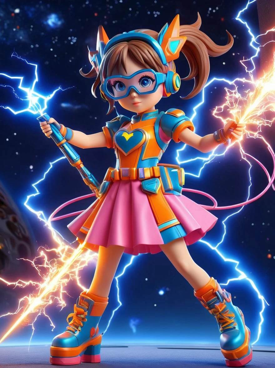 1girl, solo, Lightning energy,Electricity elements,Double ponytail,Love tiara,Wearing heart eye glasses,Blue Highlight Lightning,Wearing a bright pink and orange dress,High heel boots,Holding an electric love stick,Space starry sky background,Galactic battleship,Fighting Stance,Explosion,Best quality,Original,whole body,Cartoon Style,3D character rendering,Created with C4D and Blender,precise,Blind box toy style,Super Detail,Anatomically correct,masterpiece, 1djxz1