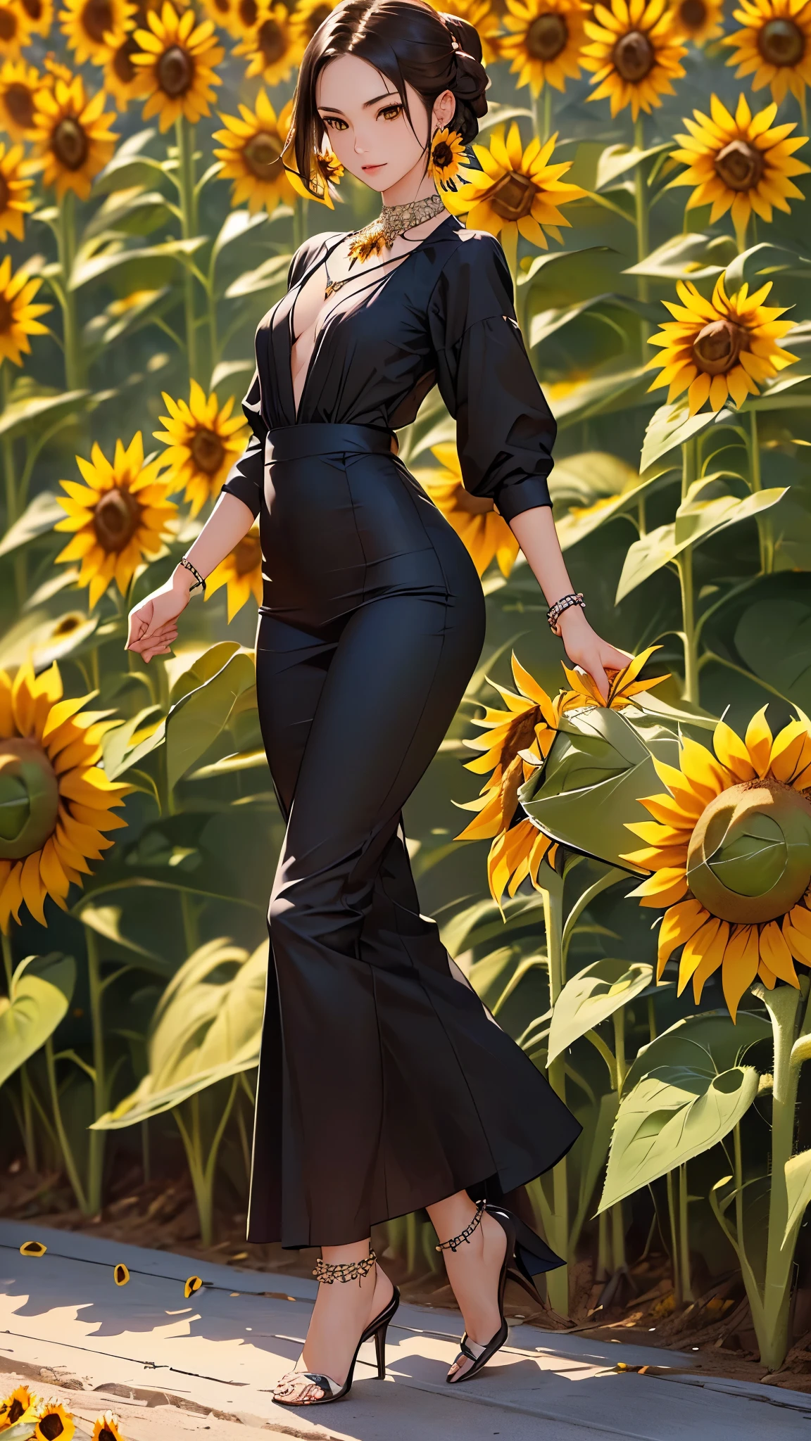 ((Biologically correct limb count))、((Full Body Shot, Full-body photo including face、Head to toe photos))、4K、masterpiece、((Focus on the face))、((Symmetrical facial features))、Eyes of meticulous depiction、One beautiful woman、Excellent style、(stockings、High heels with anklets)、Detailed depiction of the face、Small earrings、necklace、((Close-up photo of the upper body))、(Low - Angle)(((The background is a sunflower bed in full bloom)))