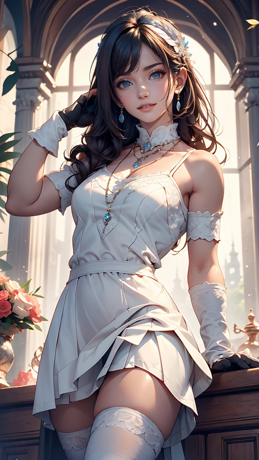 highest quality, masterpiece, One girl, alone, Long Hair,, Knee socks, Exposing shoulders, jewelry, No sleeve, White Dress, Blue Skirt, gloves, smile, Soft lighting, whole body, Wide Hips, Medium chest、Place your clenched fist under your chin((Cutesy pose))