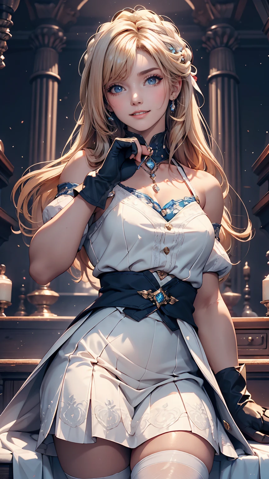 highest quality, masterpiece, One girl, alone, Long Hair,, Knee socks, Exposing shoulders, jewelry, No sleeve, White Dress, Blue Skirt, gloves, smile, Soft lighting, whole body, Wide Hips, Medium chest、Place your clenched fist under your chin((Cutesy pose))
