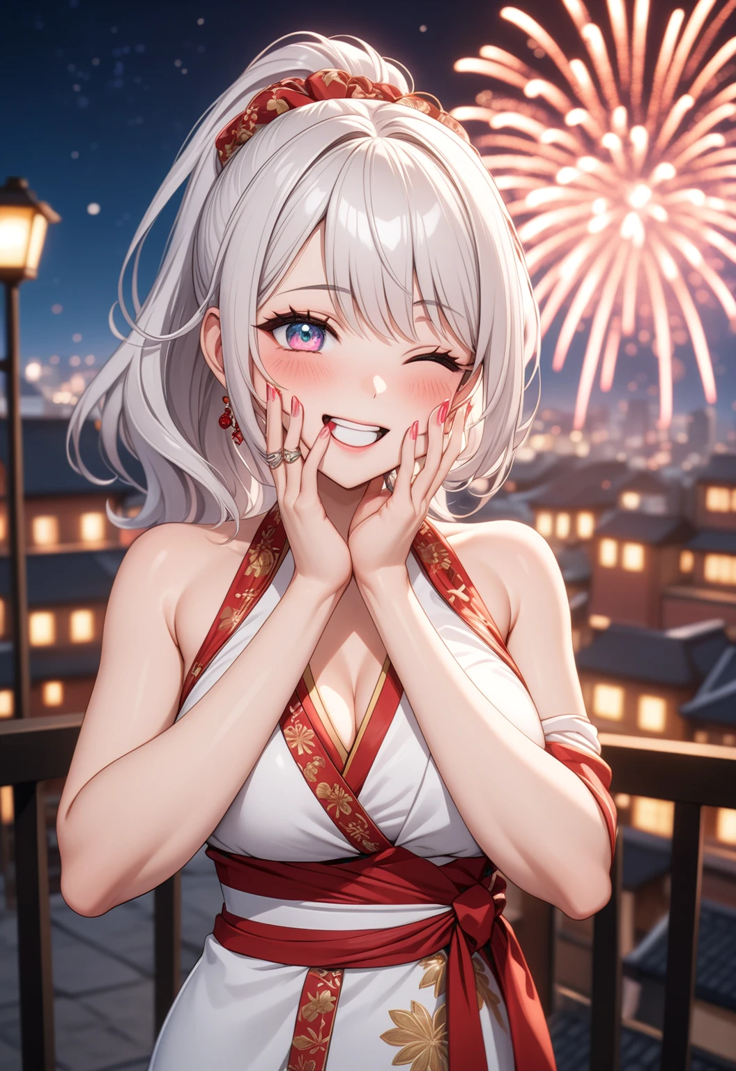 ((One personの女性)), Beautiful Face,embarrassed, ((Wink:1.9)),Laugh with your mouth wide open,Waving to the audience, ((Bright red cheeks:1.4)),Glossy red lips,night,rooftop,Festive decorations,You can see the ocean, firework,Lighting on the face,((Anime style background)),masterpiece, Highest quality, so beautiful,Latest, Complex details, (Pink long nails),(ring),(bracelet),(choker),AI-generated, Complex,High resolution, Highest quality, super high quality,3D Images、looking outside、3D Images,One person,Long white hair,High Ponytail,(blue eyes),Anime woman posing for a photo, ((Fine grain、Silvery white colorful eyes、Shining Eyes:1.4)),(Squint your eyes:1.1),a hyperRealistic , hyperRealistic , Realistic,Anime woman with long and white hair, Smooth anime CG art, A woman in a colorful kimono with gold embroidery, (Black long sleeve kimono),Red floral pattern,Long flower hair ornament,Big earrings,Mature Body,(Big Breasts:1.1),Tall,Abdominal muscles,Narrow waist,(Zoom in on face:1.8),Photographed from the front