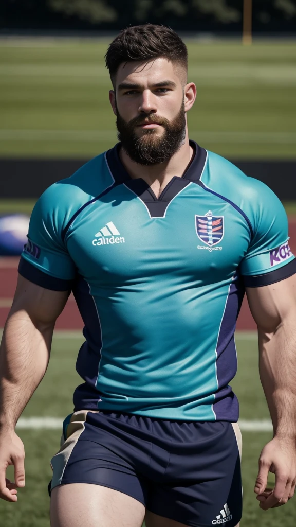 1 pale man rugby player ,Full body, no teeth smile, rugby player, sport brighter pants, hard on bulge, rugby esportive uniform, Black hair fade , captivating alluring large eyes, beard European 30yo man, (High shadow detail), wearing Calvin Klein rugby brands uniform, muscular chest, strong long legs, left neck look, neck tattoo, large mouth, Wide shoulders, nice detailed hands, field rugby bokeh background, colorful vivid colors.