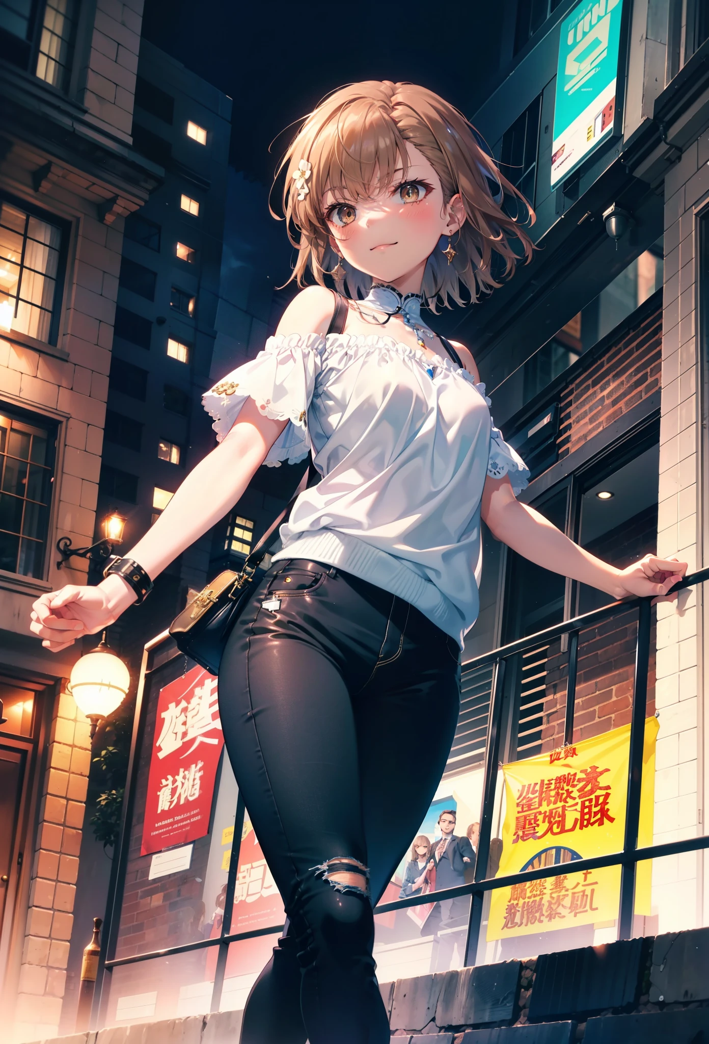 8k,highest quality,masterpiece,(((Pixel Perfect, 細部まin完璧))), 一people々in, 1people々, Mycotrose, Brown eyes,Brown Hair,short hair,blush,Cold shoulder tops,Short sleeve,skinny pants,Stiletto heels,happy smile, smile, Open your mouth,whole bodyがイラストに入るように,Walking,night,Looking up from below,
break outdoors, Residential Street,crowd, people々々々々々,
break looking at viewer, whole body,
break (masterpiece:1.2), highest quality, High resolution, unity 8k wallpaper, (shape:0.8), (Beautiful details:1.6), Highly detailed face, Perfect lighting, Highly detailed CG, (Perfect hands, Perfect Anatomy),