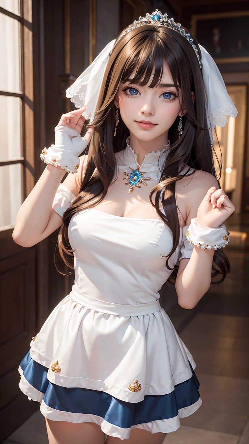 highest quality, masterpiece, One girl, alone, Long Hair,, Knee socks, Exposing shoulders, jewelry, No sleeve, White Dress, Blue Skirt, gloves, smile, Soft lighting, whole body, Wide Hips, Medium chest、Place your clenched fist under your chin((Cutesy pose))