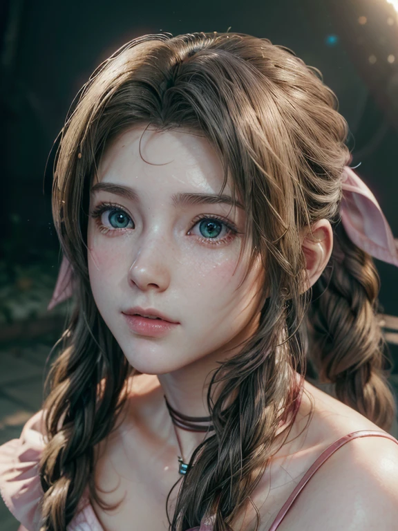(masterpiece, 最high quality:1.4), (Future Day), (One girl), alone, (European youth:1), Aerith Gainsborough, choker, Cropped jacket, Hair Ribbon, bracelet, Pink Dress, Brown boots, Long Hair, Hair Ribbon, strapless red dress, high heels hyperRealistic, Skin with attention to detail, Digital SLR, Soft lighting, high quality, Highly detailed face, Highly detailed skin, Skin pores, Scattered beneath the surface, Realistic pupils, Mid-chest, Blush all over face, Fuller lips, Detailed Background, Depth of written boundary, Volumetric lighting, Sharp focus, Absurd, Realistic proportions, Excellent anatomy, (Realistic, hyperRealistic:1.4), 16K HDR,
