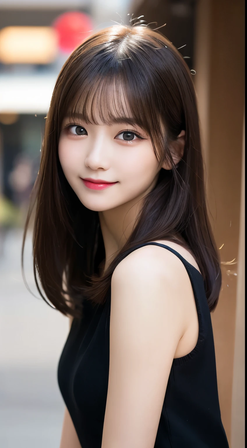 Tabletop, highest quality, shape, Very detailed, finely, High resolution, 8k wallpaper, 完璧なダイナミックな構shape, Beautiful and exquisite,ランダムなcute髪,,Natural color lip, Bold sexy pose,smile、20-year-old girl、cute、Looking into the camera,Always blur the background,Perfect and beautiful face,Slim face and figure,Big eyes、Putting on gal makeup,Small face,Shooting from below、smile,Blurred Background,Elegant feminine face、Cyberpunk Fashion