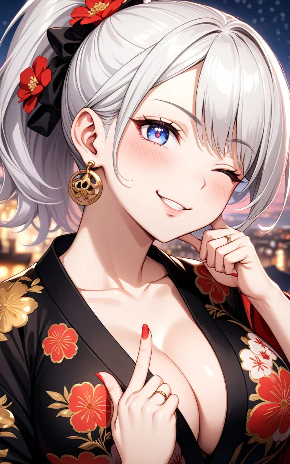 ((one personの女性)), Beautiful Face,Laughing embarrassedly,((Wink:2.0)),Laughing with your mouth open,((Bright red cheeks:1.3)),Glossy pink lips,night,rooftop,firework,((Anime style background)),masterpiece, highest quality, so beautiful, Latest, Complex details, (Pink long nails),(ring),AI-generated, Complex,High resolution, highest quality, super high quality,3D Images、View your viewers、3D Images,one person,Long white hair,High Ponytail,blue eyes,Anime woman posing for a photo, ((Fine grain、Colorful eyes、Shining Eyes:1.1)),(Squint your eyes:1.1),a hyperRealistic , hyperRealistic , Realistic,Anime woman with long and white hair, Smooth anime CG art, A woman in a colorful kimono with gold embroidery, (Black kimono),Red floral pattern,Long flower hair ornament,Big earrings,Mature Body,(Big Breasts:1.1),Tall,Big Ass,Fine details,Narrow waist,(Face close-up:1.4),touch your lips with your index finger,