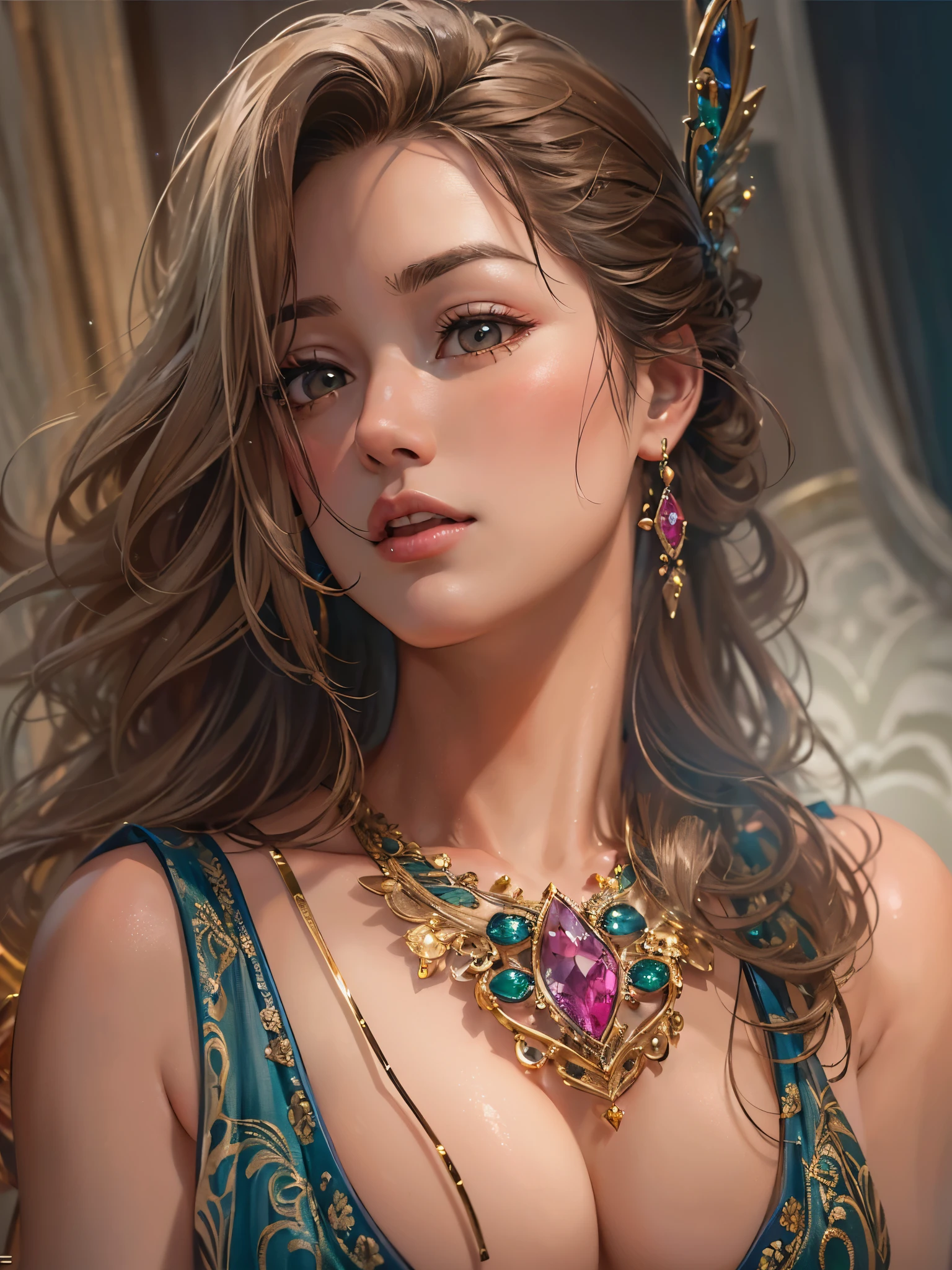 ((highest quality)),(Ultra-high resolution),(Very detailed),(Detailed Description),((The best CG)),(A masterpiece),Ultra-detailed art,Amazing drawing art,(Art with precise detail:1.5), (Adult female:1.5),(Jewelry embedded with gemstones that runs between the breasts:1.5),(A front-open dress with detailed and detailed depictions:1.5),(Glamorous Body:1.5),