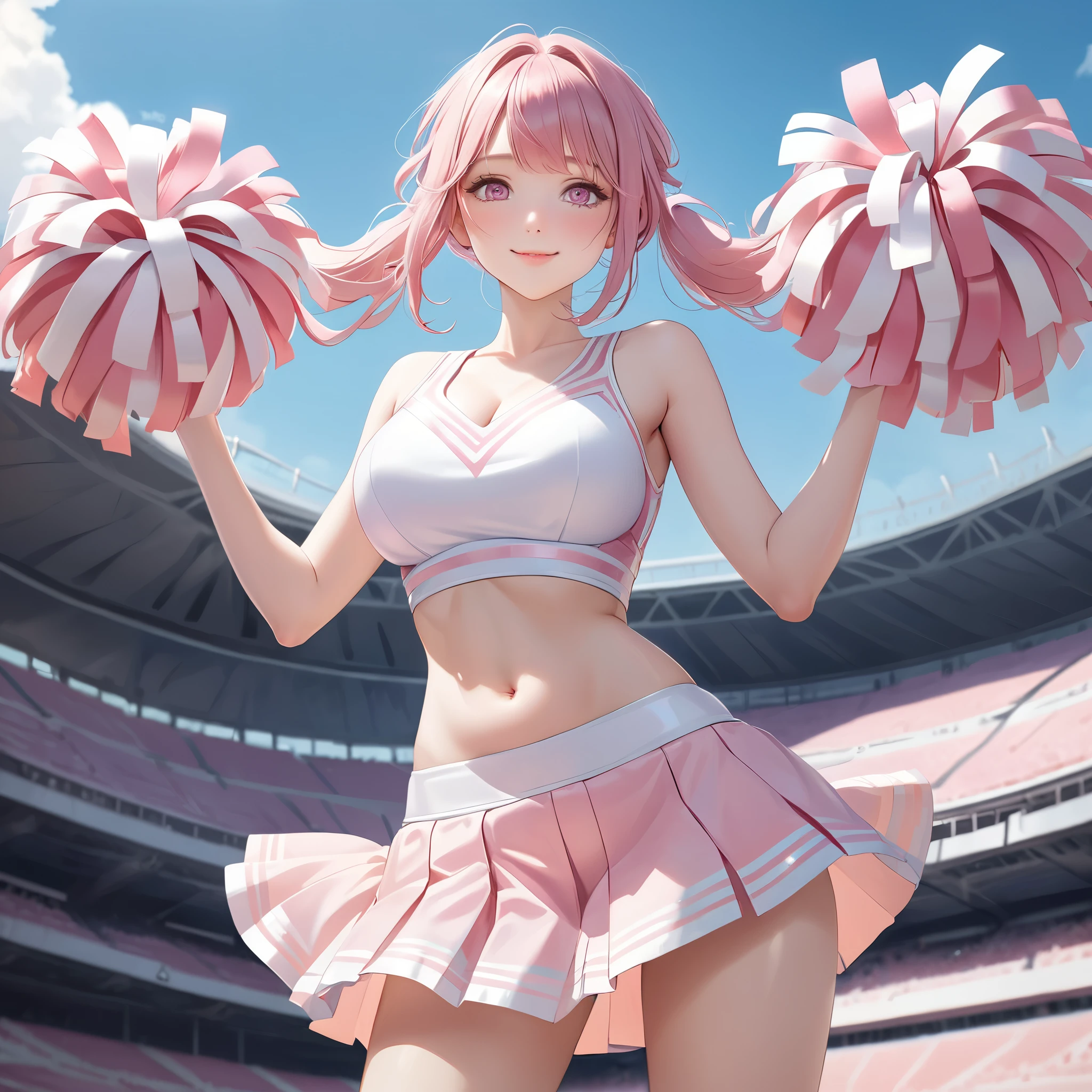 (8k, Tabletop, highest quality, Official Art, Very beautiful and detailed, Beautiful lighting, Breathtaking beauty and aesthetics, The greatest masterpiece ever made), (1 girl, alone), (), (Beautifully detailed face), (shiny White Skin), (Beautiful big breasts, Cleavage:1.3), (Thighs, feet, belly button:1.3), (Beautifully detailed pink twin tails hair, bangs:1.3), (Beautiful delicate droopy pink eyes:1.5), (Cute Cheerleader Costumes, Short length shirt, Pastel pink short skirt, :1.3), (Cute Cheerleader Pompoms), (Smile:1.5), (Charm, Looking at the camera, Cute pose, Are standing), Nice views, (Beautiful stadiums with ultra-detailed and realistic, blue sky:1.2),