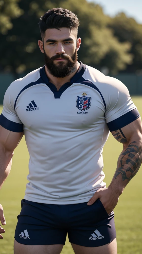 1 pale man rugby player ,Full body, no teeth smile, rugby player, sport brighter pants, hard on bulge, rugby esportive uniform, Black hair fade , captivating alluring large eyes, beard European 30yo man, (High shadow detail), wearing Calvin Klein rugby brands uniform, muscular chest, strong long legs, left neck look, neck tattoo, large mouth, Wide shoulders, nice detailed hands, field rugby bokeh background, colorful vivid colors.