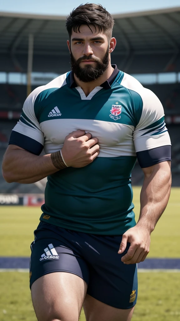 1 pale man rugby player ,Full body, no teeth smile, rugby player, sport brighter pants, hard on bulge, rugby esportive uniform, Black hair fade , captivating alluring large eyes, beard European 30yo man, (High shadow detail), wearing Calvin Klein rugby brands uniform, muscular chest, strong long legs, left neck look, neck tattoo, large mouth, Wide shoulders, nice detailed hands, field rugby bokeh background, colorful vivid colors.