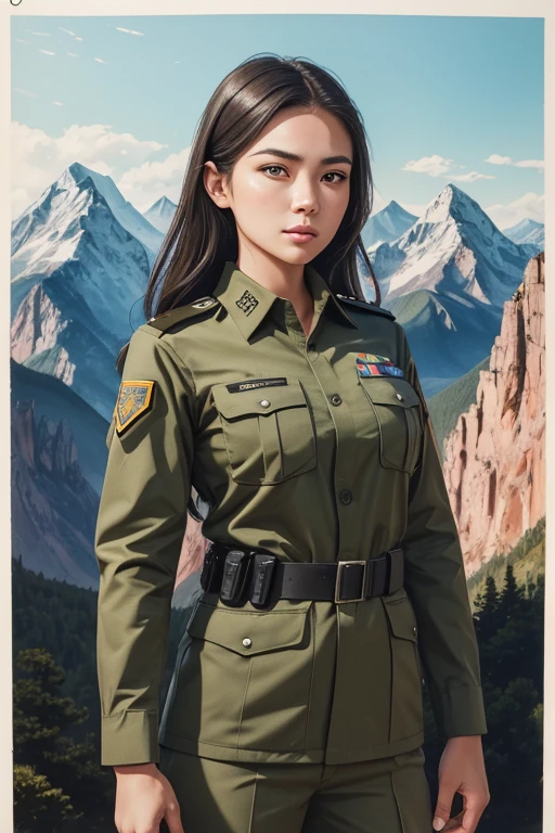 Spectacular unforgettable girl is a specialforcessoldier. She wears a khaki uniform, the background is mountains. anatomical precision, double effects, random angle, professional photo, gouache +ink+fine line drawing, extremely detailed, best quality, (Masterpiece:1.5), (best quality:1.5).