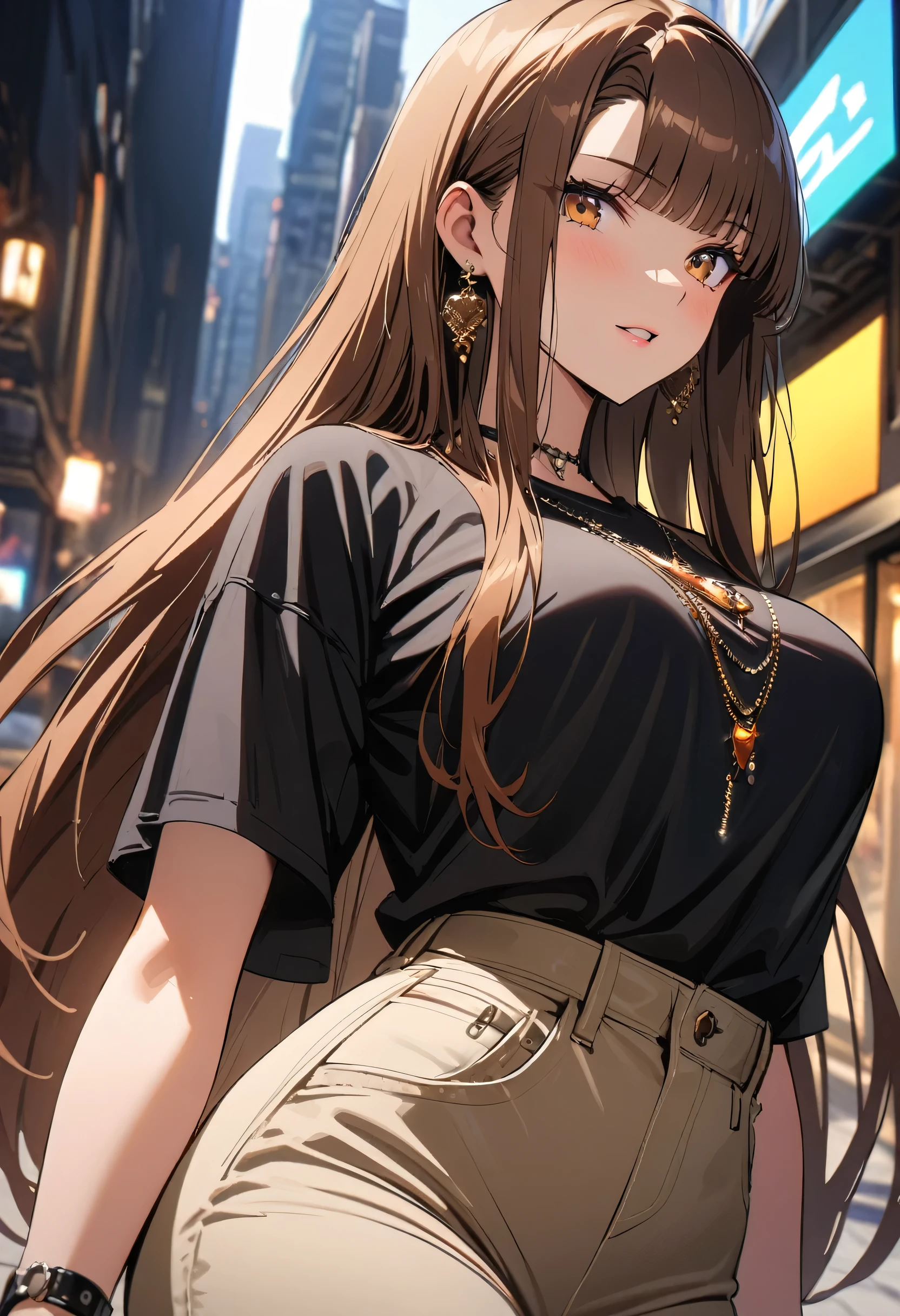 ((Top Quality)), ((Masterpiece)), (Detail), perfect face, fine eyes, depth of field, special shading, ((cowboy shot)), one beautiful girl, seductive Lips, big breasts, (Caramel brown, long straight hair, hime cut), hair slicked back, (casual streetwear, luxurious ornaments:1.3), anime Style, fine skin, model posing
