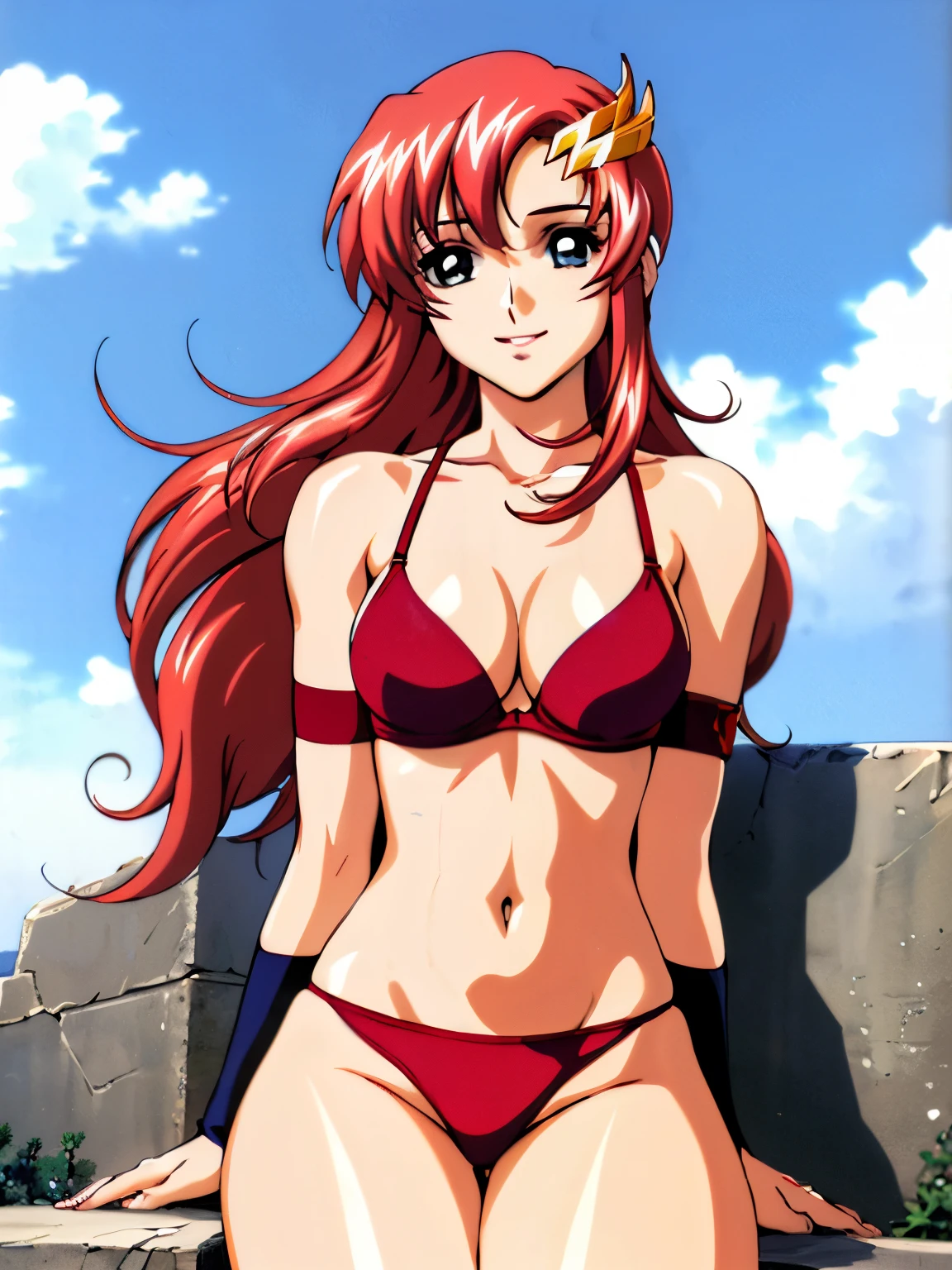 lacus4, (red bikini, running, mini thong, thin girl, masterpiece, cowboy shot, very slim shoulders, 4K, Best Quality, Anime style: 1.9, happy, Adult Woman, (ultra detailed head, ultra detailed head), (Crowd, cloud background), Drawing lines, high resolution, lacus4), 1girl, Solo, curvy figure, clavicle, scapular, (Detailed wide hair bangs, Hair Ornament, Detailed reddish-pink hair, shiny streaks, slim arms, detailed golden crest), cleavage, large hands, (hair cover shoulders). (Big blue eyes, shiny eyes), ((female wrestler, (slim body), slim arms, SITTING on wall, thighs, crossed legs)), ((perfect proportions, medium-small breasts, medium thighs, long belly, pale skin)), ((totally red bra, red arm band, red arm band)), smile with a wink, (standing, hot colors), detailed fingers, (bare shoulders)
