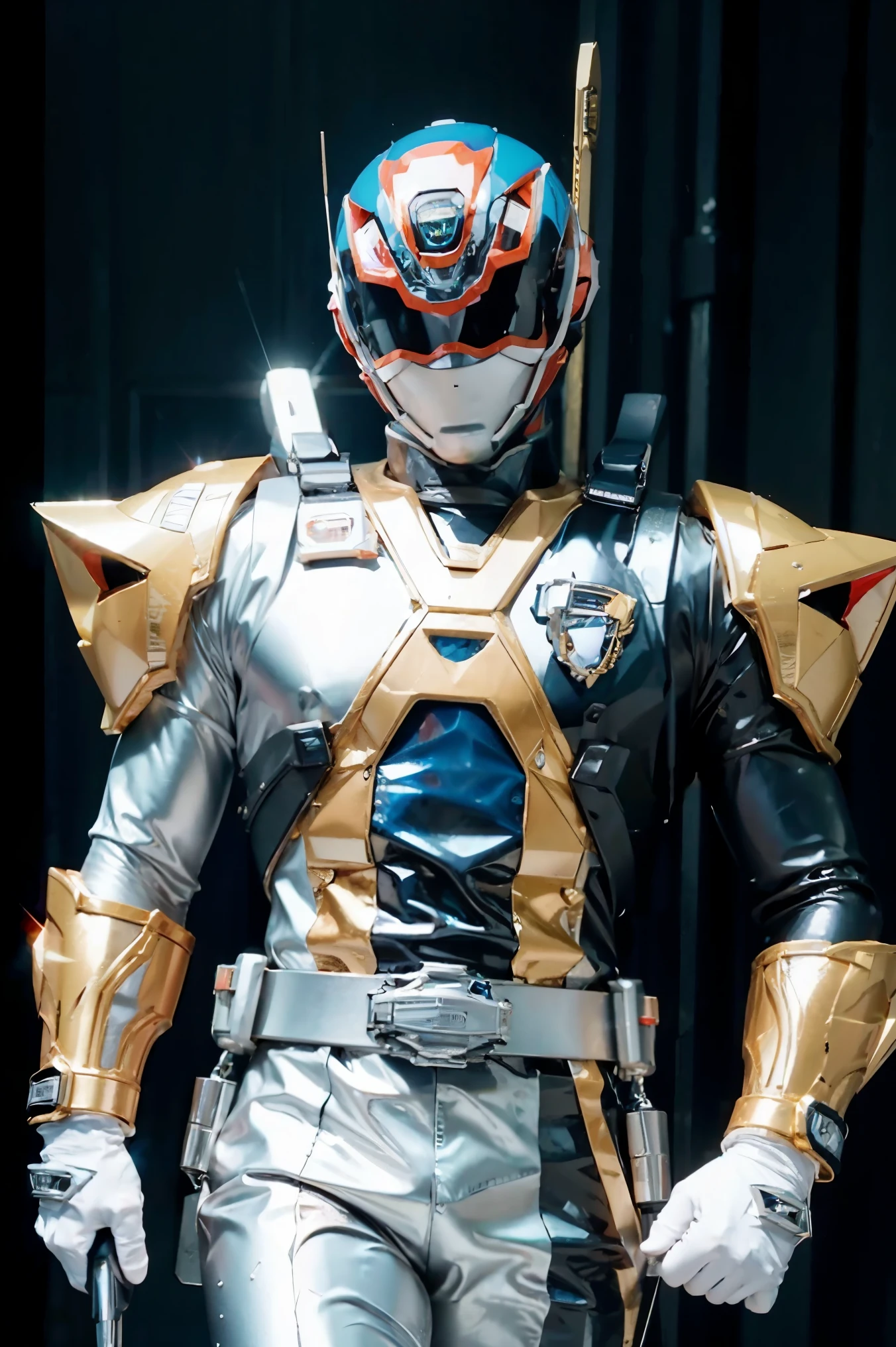 Fantasy background, cafe rpg style, empty chair, table, set of tea glass, (power rangers)), One guy、, ((diamond ranger suit)), red and blue chest armor with gold details, costume, Solo, ((fit figure)), (Anatomically correct), Cowboy shot, masked face, guns, muscular build