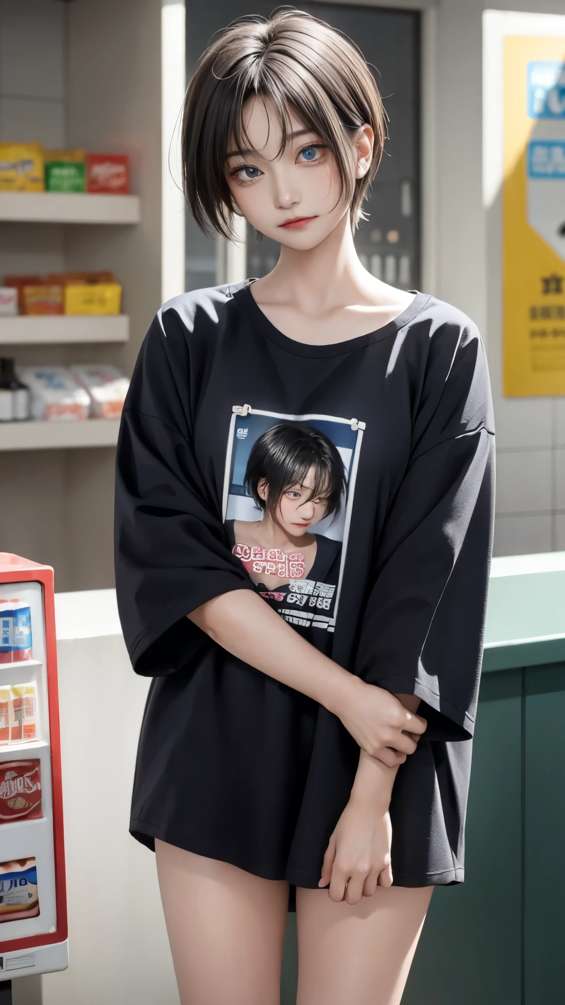 masterpiece、highest quality、be familiar with、1 female、18-year-old、blue eyes、blonde、black skin、(((oil skin))),shiny skin, short hair、Oversized big long T-shirt that reaches the thighs、No underwear、Shoulders are out、Seductive thighs、big breasts、big breasts、A woman went shopping、Angle from above、embarrassed face、from the front、upward glance、background bokeh、In front of the convenience store cashier counter、A girl who came to buy condoms、Place condoms and alcohol on the cashier counter、