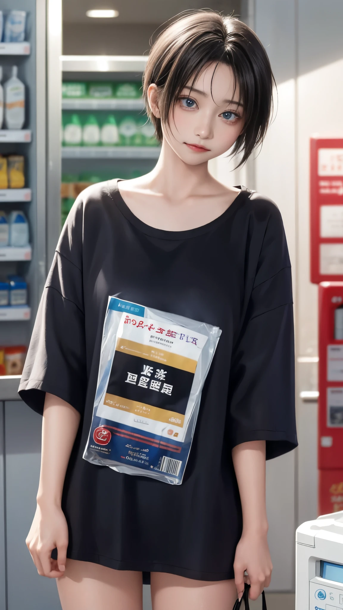 masterpiece、highest quality、be familiar with、1 female、18-year-old、blue eyes、blonde、black skin、(((oil skin))),shiny skin, short hair、Oversized big long T-shirt that reaches the thighs、No underwear、Shoulders are out、Seductive thighs、big breasts、big breasts、A woman went shopping、Angle from above、embarrassed face、from the front、upward glance、background bokeh、In front of the convenience store cashier counter、A girl who came to buy condoms、Place condoms and alcohol on the cashier counter、