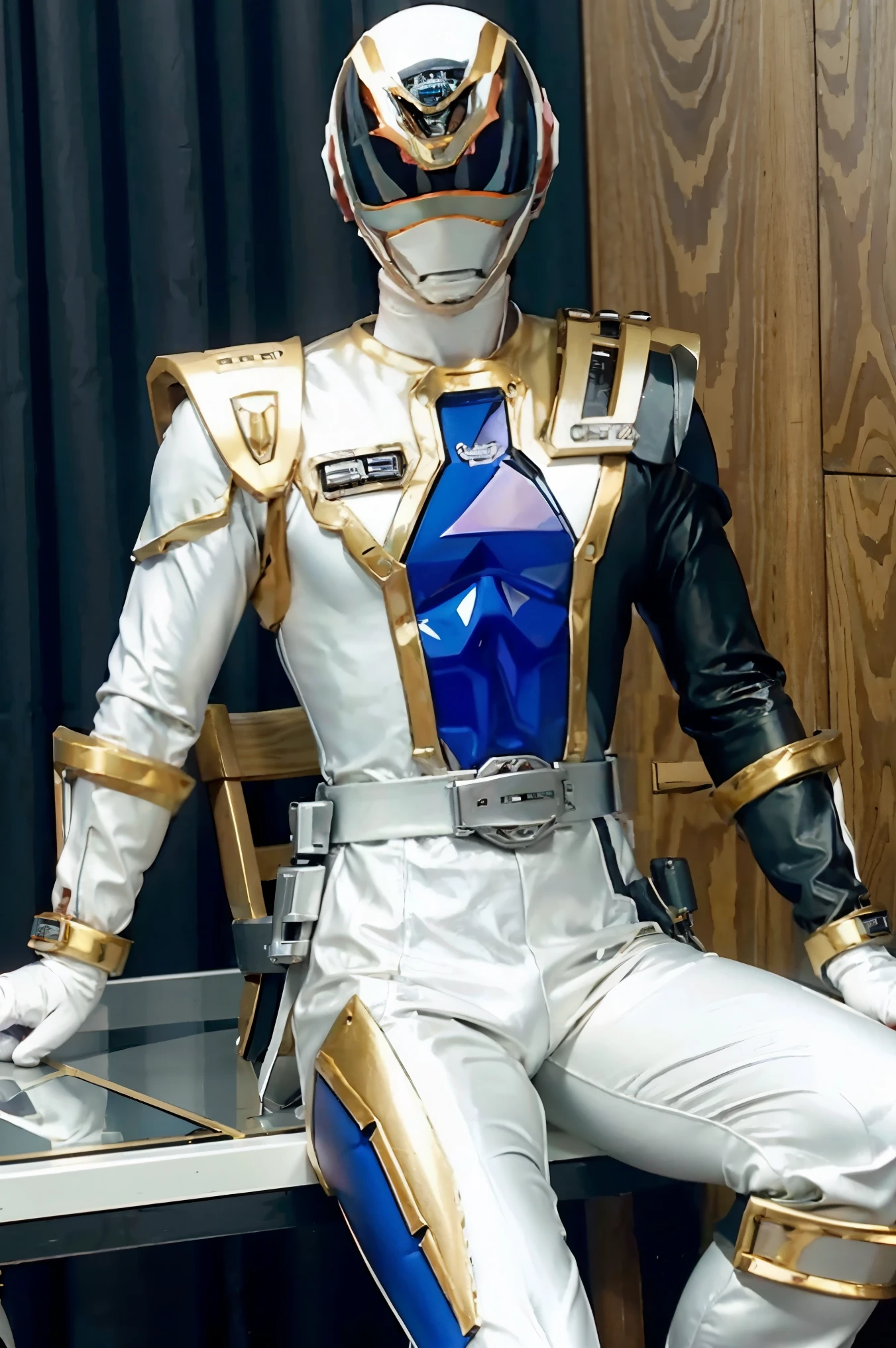 Fantasy background, cafe rpg style, empty chair, table, set of tea glass, (power rangers)), One guy、, ((white ranger suit)), red and blue chest armor with gold details,   costume, Solo, ((fit figure)), (Anatomically correct), Cowboy shot, masked face, guns, muscular build