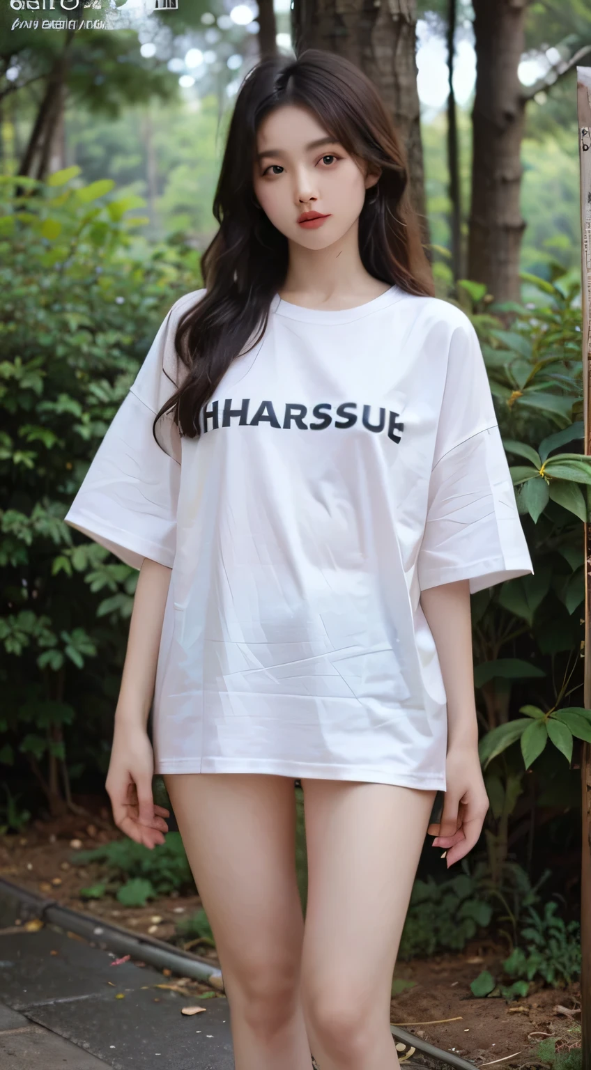 (Oversized_Shirt:1.2)、Oversized_Shirt、
Good Hand、4K、hight resolution、​masterpiece、top-quality、((Hasselblad photo))、sharp focus、(cinematlic lighting)、beautiful  lighting、dynamic ungle、[:(Detail Face:1.2):0.2]、Very pretty woman、Women of short stature、sixteen years old、Attractive paws、Emphasis on the thighs、thick thight、Beautiful legs、Ecchi thighs、Short white shirt、Healthy complexion、Looks like, standing in the forest, it was raining ,