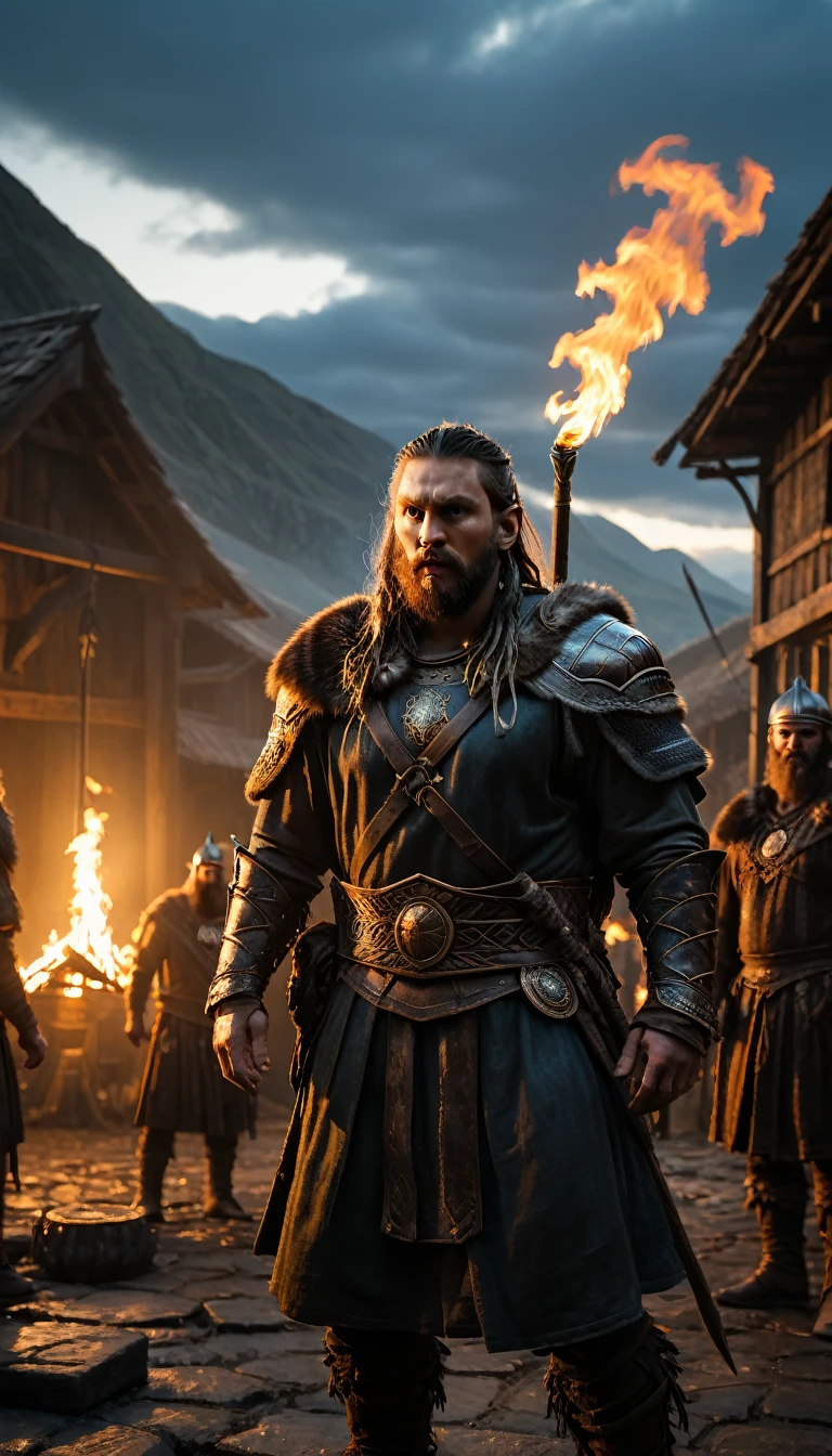 As the sun began to set, The warm golden hues of the sun illuminated his ornate attire, extreme wide angle shot from below, a group of men chained around a fire with flames in the background, long braided viking beard, barba viking, an epic viking battle scene, estilo viking, fire behind him, de witcher (2021), Efeitos visuais impressionantes, Messi como um viking, Cultura Viking, barba grisalha, jason momoa as assyrian, Directed by: Marcin Zaleski, background dark, hyper realistic, ultra detailed hyper realistic, photorealistic, Studio Lighting, in screenshot from the 300 movie, reflections, dynamic pose, Cinematic, Color Grading, Photography, Shot on 50mm lens, Ultra-Wide Angle, Depth of Field, hyper-detailed, beautifully color, 8k,