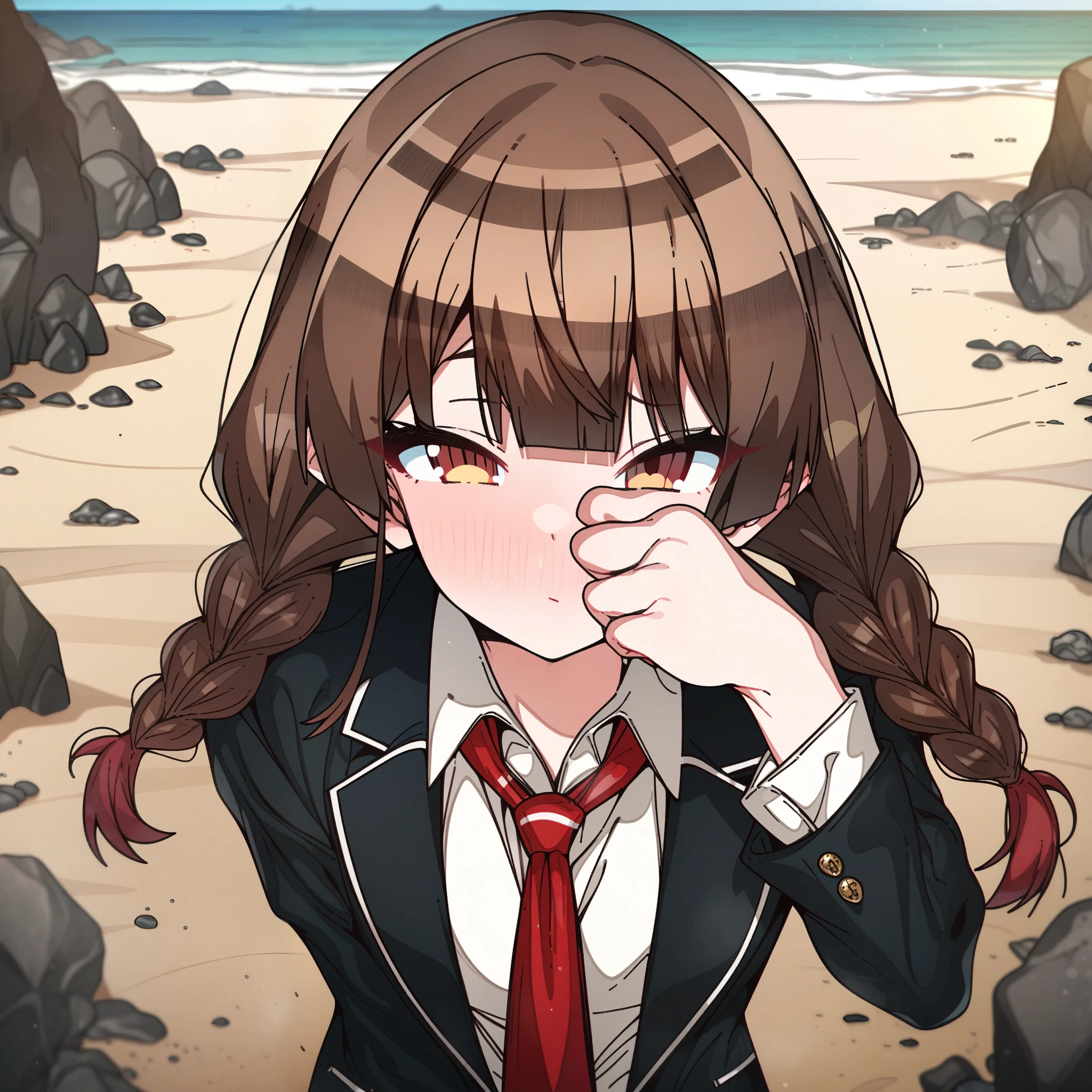 houshou_marine with brown hair and brown eyes, Artist, erere, Copyrights, idolmaster, idolmaster_shiny_colors, Character, General, 1girl, brown_hair, blunt_bangs, blush, medium_breasts, breasts, detailed eyelashes, beatiful girl:1, brown_eyes, censored, school_uniform, black pleated skirt, black blazer, white shirt, red tie, twin_braids, :|:0.5, (full_body) (standing in middle, beach, rocks), sky:0.7, half-closed_eyes, detailed, sand, outdoors, from_side, looking_at_viewer, masterpiece, best_quality, great_quality, girl, solo, center_composition, centered character, cute, rubbing_eyes, sleepy
