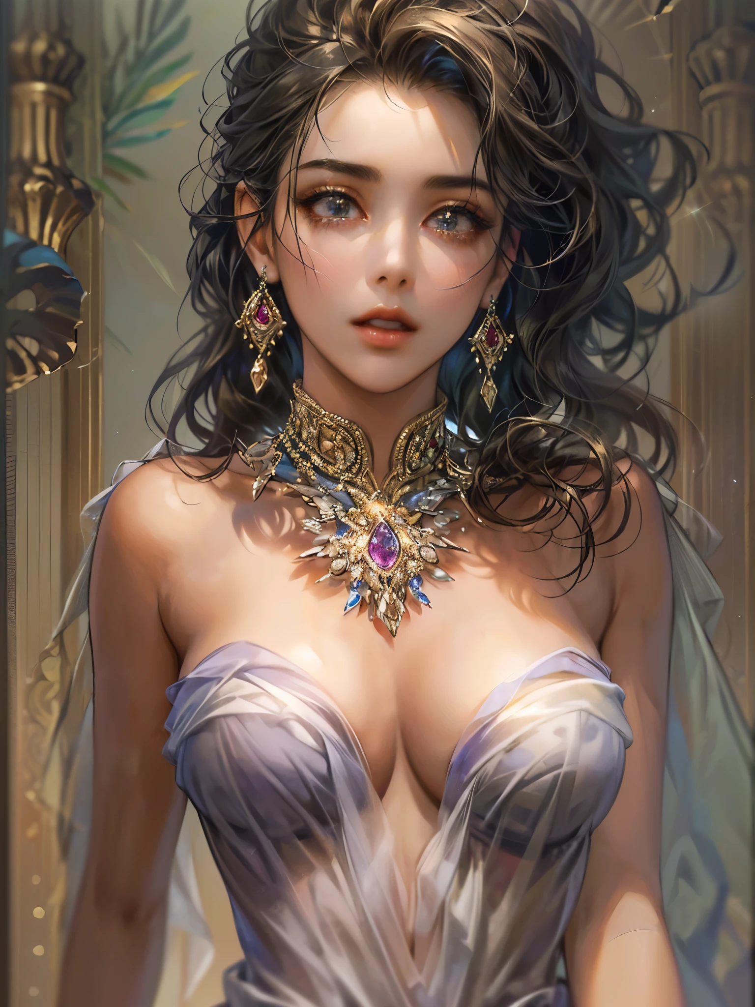 ((highest quality)),(ultra high resolution),(Super detailed),(detailed description),((best CG)),(best work of art),super precision art,great drawing art,(Art with precise details:1.5), (1 female type:1.6),(beautiful and well-shaped face:1.5)),(glamorous body:1.6),necklace:1.6,ring:1.3,bracelet:1.5,anklet:1.3
