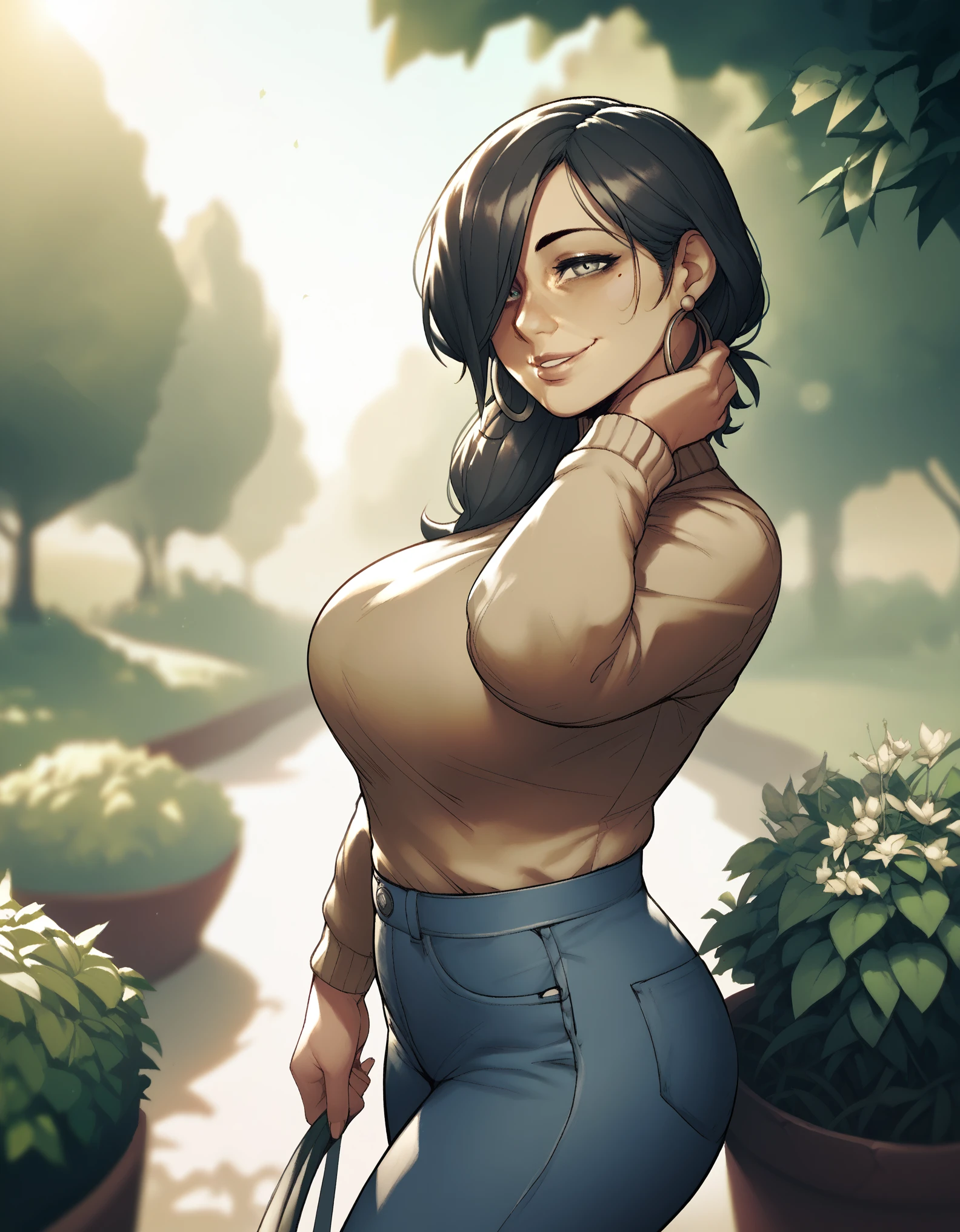 score_9, score_8_up, score_7_up, score_6_up, score_5_up, score_4_up, ((low depth of field)), , (beautiful landscape), BREAK, standing in a park, warm color palette, 1girl, MILF, pale-skinned female, large breasts, grey eyes, black hair, straight hair, hair over one eye, hoop earrings, blue jeans, sweater, looking at viewer, gentle smile, dramatic lighting, warm lighting.
