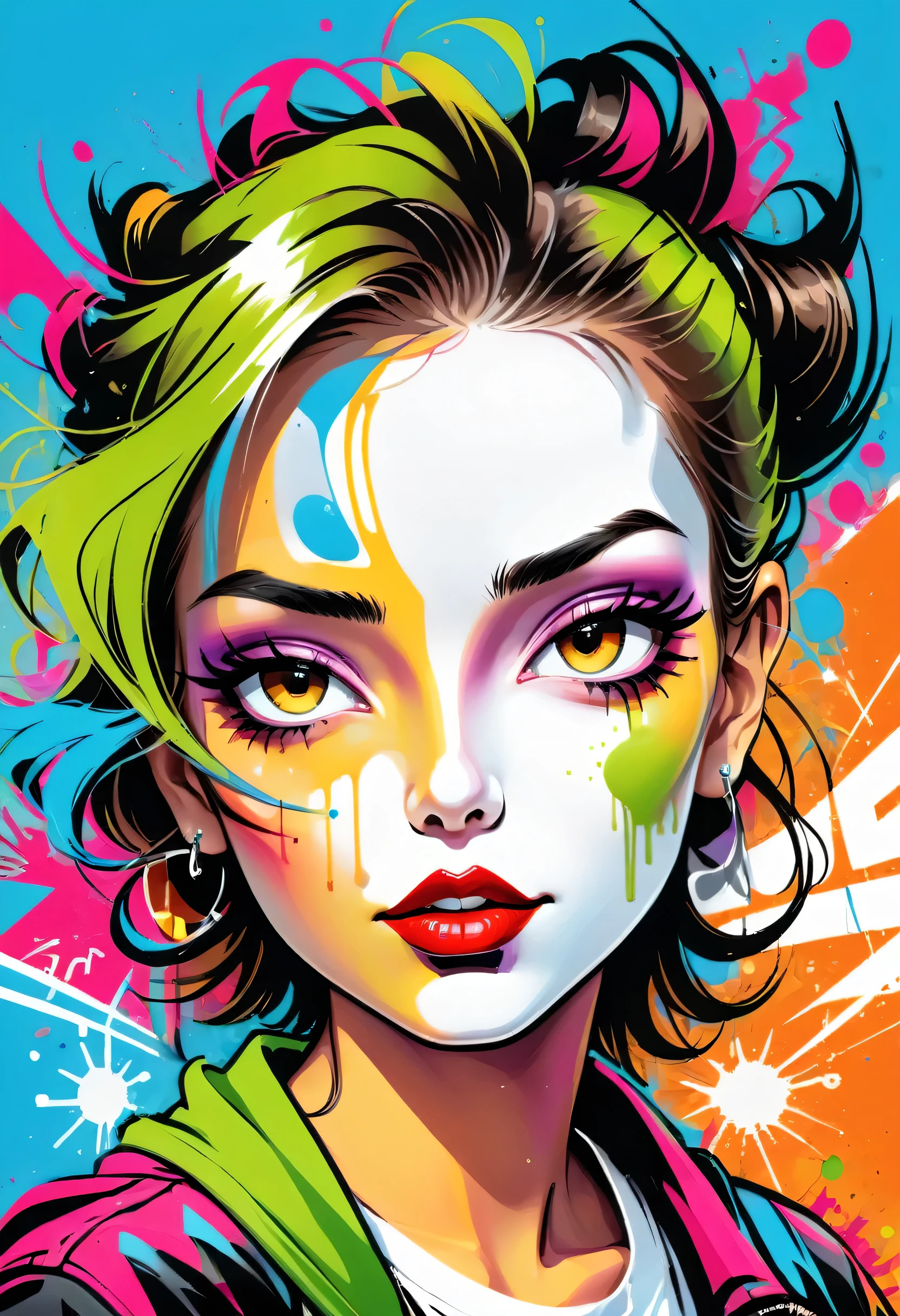 Graffiti caricatures,Fashion poster, sign that says the word,Publicity and casualness, Messy but organized,Bright colors and strong contrast,Simple, direct and crude,Personalization and Expression