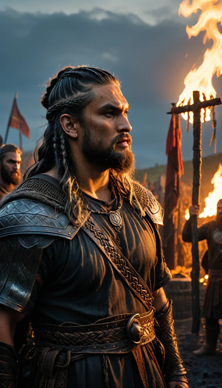 As the sun began to set, The warm golden hues of the sun illuminated his ornate attire, a group of men chained around a fire with flames in the background, long braided viking beard, barba viking, an epic viking battle scene, estilo viking, fire behind him, de witcher (2021), Efeitos visuais impressionantes, Messi como um viking, Cultura Viking, barba grisalha, jason momoa as assyrian, Directed by: Marcin Zaleski, background dark, hyper realistic, ultra detailed hyper realistic, photorealistic, Studio Lighting, in screenshot from the 300 movie, reflections, dynamic pose, Cinematic, Color Grading, Photography, Shot on 50mm lens, Ultra-Wide Angle, Depth of Field, hyper-detailed, beautifully color, 8k,
