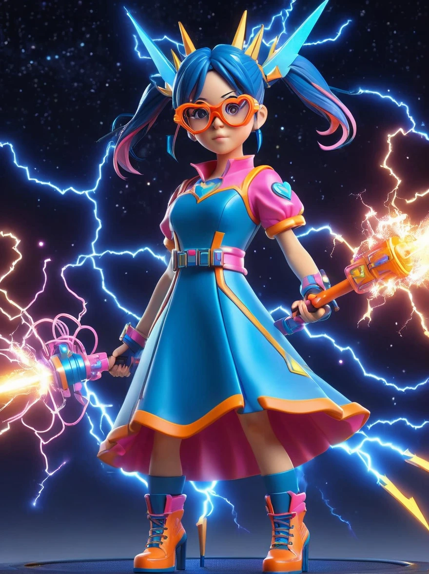 1girl, solo, Lightning energy，Electricity elements，Double ponytail，Love tiara，Wearing heart eye glasses，Blue Highlight Lightning，Wearing a bright pink and orange dress，High heel boots，Holding an electric love stick，Space starry sky background，Galactic battleship，Fighting Stance，Explosion，Best quality，Original，whole body，Cartoon Style，3D character rendering，Created with C4D and Blender，precise，Blind box toy style，Super Detail，Anatomically correct，masterpiece, 1djxz1