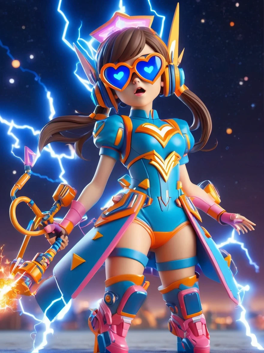 1girl, solo, Lightning energy，Electricity elements，Double ponytail，Love tiara，Wearing heart eye glasses，Blue Highlight Lightning，Wearing a bright pink and orange dress，High heel boots，Holding an electric love stick，Space starry sky background，Galactic battleship，Fighting Stance，Explosion，Best quality，Original，whole body，Cartoon Style，3D character rendering，Created with C4D and Blender，precise，Blind box toy style，Super Detail，Anatomically correct，masterpiece, 1djxz1