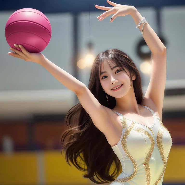 Photo-realistic quality、A 20-year-old woman wearing a white leotard holding a rhythmic gymnastics ball, Beautiful Japanese Model, Dance with grace, Wearing a white leotard, Beautiful idol woman, Japanese Girls, looking at the camera、Cute Smile、A soft and gentle look