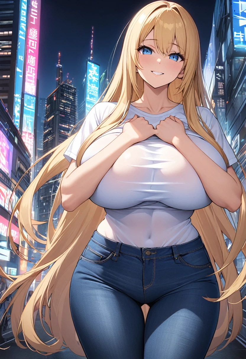 Girl, blond and long and straight hair. Highly detailed, 8k wallpaper, blue eyes, big breasts, huge breasts, smile, thight white t-shirt, thight jeans panties, breasts visible, hot and sexy pose, standing in a streat in a hightech city, skycraper on the background, breasts visible, hands touching breasts, hands on breasts, breasts almost naked