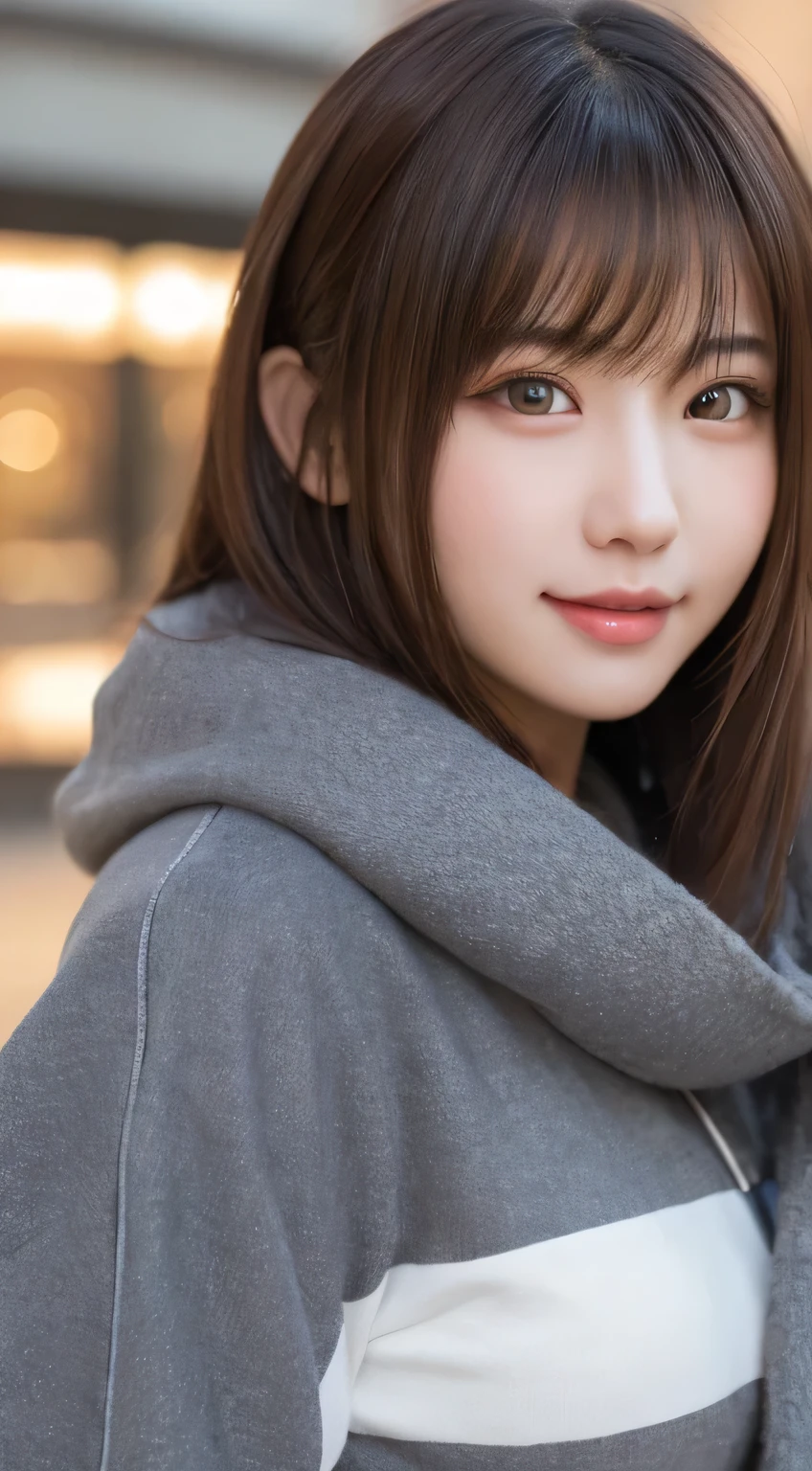 Tabletop, highest quality, shape, Very detailed, finely, High resolution, 8k wallpaper, Perfect dynamic composition, Finely beautiful eyes, Winter clothes,Medium Hair, Large Breasts, Natural color lip, Random sexy poses,smile,Big cities、18-year-old girl、Midnight、Beautiful and elaborate face、Perfect and beautiful face,Big eyes