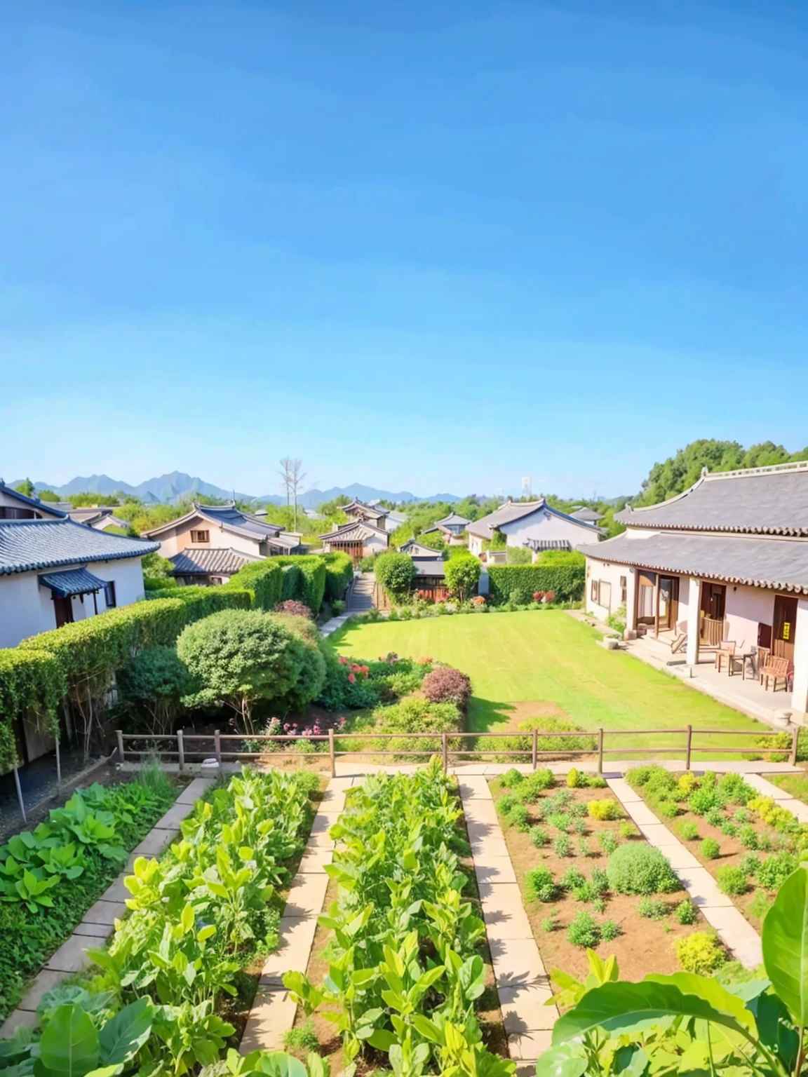 Chinese Village house style in the 80s,There is a small garden,天空布满了Sunset,Sunset,Many vegetables are grown indoors, There is a garden, suburban garden, Garden, There is a garden as foreground, garden environment, landscape, Hangzhou, Idyllic and fertile land, nice images, home garden, nanquan, Chinese Village, Sunny Day Time,A peaceful scene,masterpiece,Anime Background Art,Studio Ghibli Art,Ghibli style