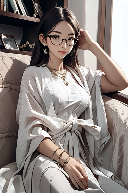 highest quality、masterpiece、High sensitivity、High resolution、One Woman、Glasses、On the sofa