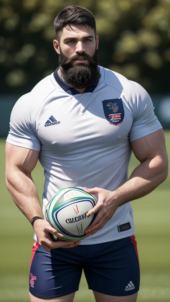 1 pale man rugby player ,Full body, no teeth smile, rugby player, sport brighter pants, hard on bulge, rugby esportive uniform, Black hair fade , captivating alluring large eyes, beard European 30yo man, (High shadow detail), wearing Calvin Klein rugby brands uniform, muscular chest, strong long legs, left neck look, neck tattoo, large mouth, Wide shoulders, nice detailed hands, field rugby bokeh background, colorful vivid colors.