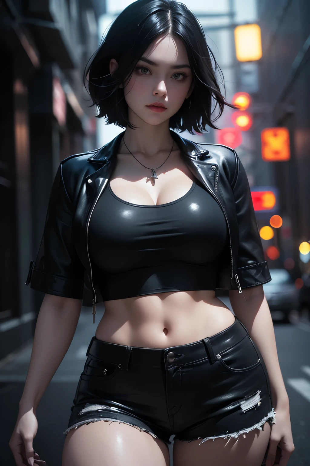 a beautiful woman with a plump body, short hair, gothic style, crop tshirt, showing perfect abs, wearing a necklace, opened leather jacket, shorts, big thighs, on a night city street, (best quality,4k,8k,highres,masterpiece:1.2),ultra-detailed,(realistic,photorealistic,photo-realistic:1.37),intricate details,highly detailed facial features,extremely detailed eyes and face,longeyelashes,cinematic lighting,moody atmosphere,dramatic shadows,neon lights,dark and moody,chiaroscuro,dramatic lighting